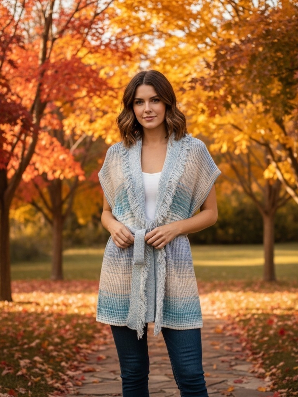 Intermix Cozy Gradient Blue Knit Fringe Belted Vest Small